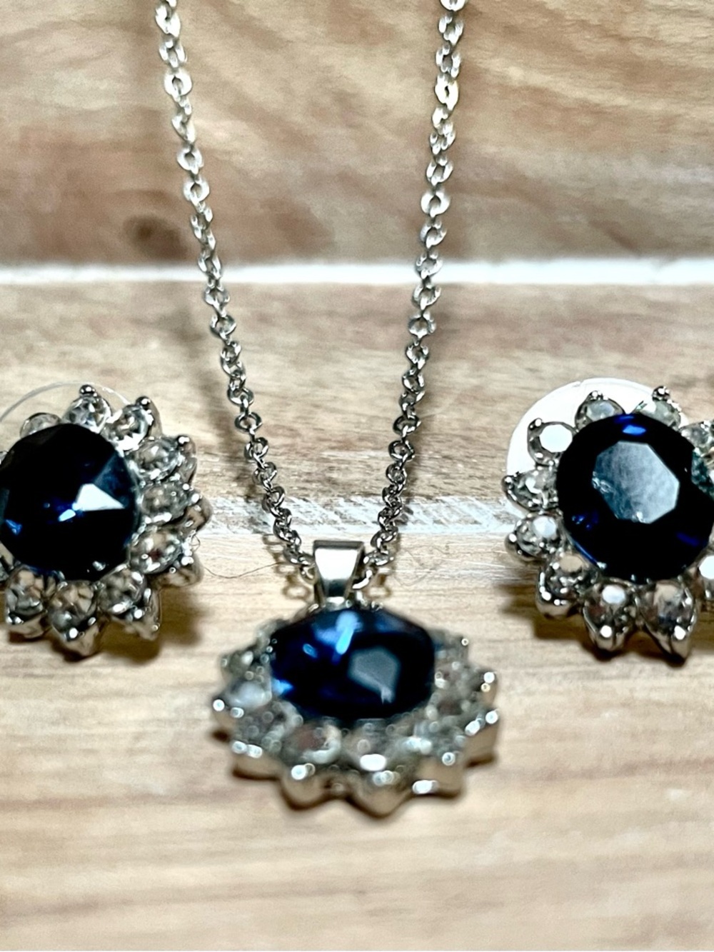 Classic Silver Necklace and Earring Set with Deep Blue Stones